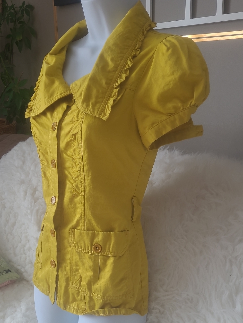 Yellow Ruffle-Trim Button Front Women’s Top - Picture 2 of 7
